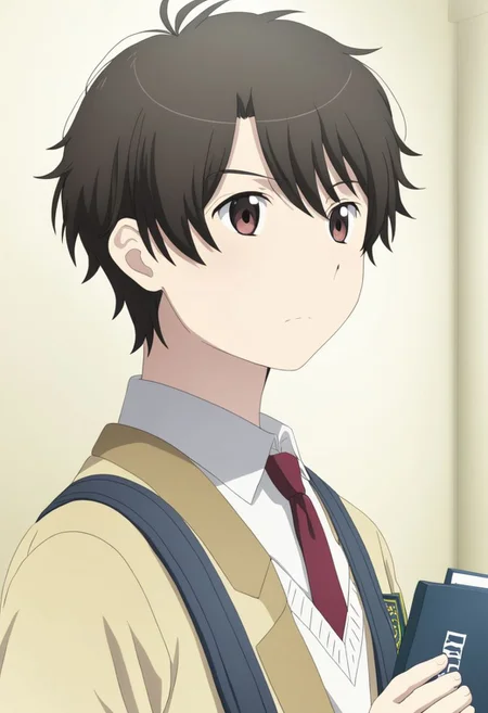 high resolution, solo, best quality, 1Boy, Inaho Kaizuka, Black Hair, Brown Eyes, school, school uniform, OverallDetail