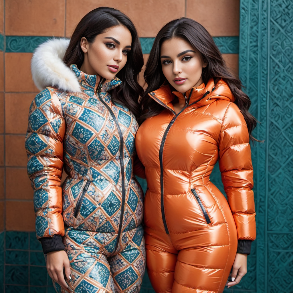 two south american curvy women wearing aMoroccan tile patterns   latex downsuit puffer_downsuit , hyperdetailed photography,4k textures,intricate details,4k resolution,  <lora:puffer_downsuit_v1:0.8>