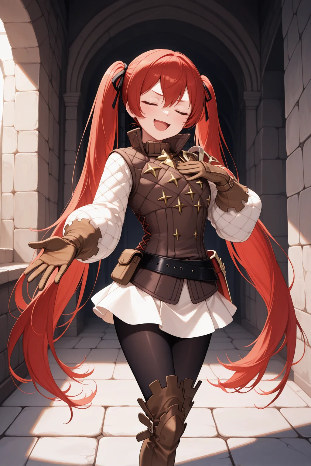 masterpiece, best quality, 1girl, solo, <lora:fesevera-illu-nvwls-v1-000006:1> selebase, red hair, twintails, very long hair, hair between eyes, hair ribbon, black ribbon, brown vest, red armor, white sleeves, brown gloves, white miniskirt, black belt, black pantyhose, brown boots, knee boots, hand on own chest, outstretched hand, happy, closed eyes, open mouth, smug, castle, stone floor, indoors, stone walls