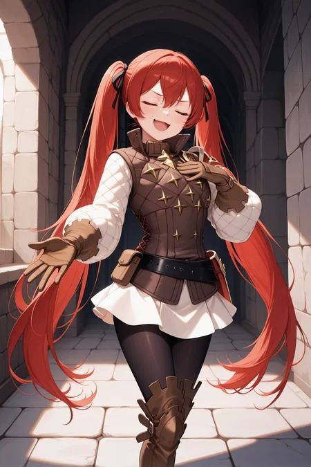 masterpiece, best quality, 1girl, solo, <lora:fesevera-illu-nvwls-v1-000006:1> selebase, red hair, twintails, very long hair, hair between eyes, hair ribbon, black ribbon, brown vest, red armor, white sleeves, brown gloves, white miniskirt, black belt, black pantyhose, brown boots, knee boots, hand on own chest, outstretched hand, happy, closed eyes, open mouth, smug, castle, stone floor, indoors, stone walls