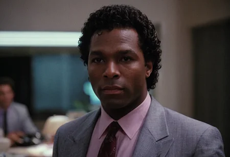 cinematic film still (Rico Tubbs), MiamiVice, indoors, office, closeup . shallow depth of field, vignette, highly detailed, high budget, bokeh, cinemascope, moody, epic, gorgeous, film grain, grainy