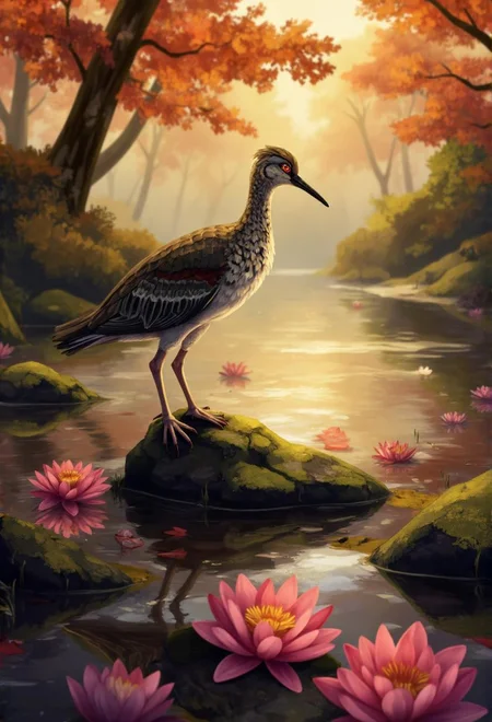 <lora:ck-LttleGhost-000011.safetensors:1> in the style of ck-lttlegh0stImagine an American bittern perched on rocks near a serene pond, its mottled feathers contrasting sharply with bright pink water lilies. Soft, ethereal light bathes the scene in a warm glow, casting a tranquil atmosphere amidst autumnal foliage.
