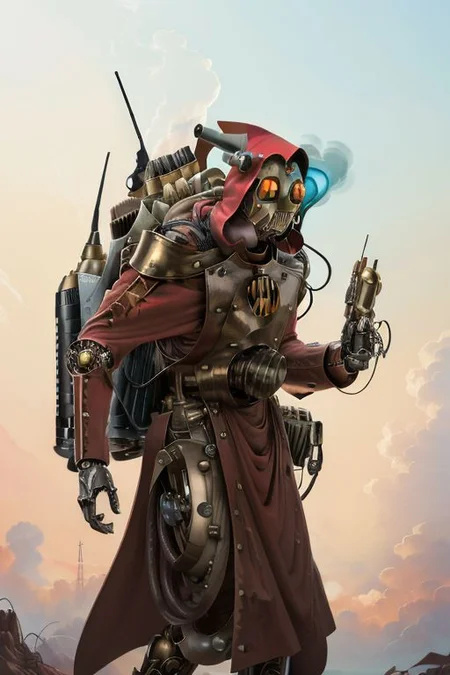 ((masterpiece,best quality)), absurdres, BREAK
mechanical arms, robes, hood, BREAK
((techpriest)), cyborg, mechanical face, mechanical limbs, gas mask, mechanical tentacles, (mechanical backpack), red cloak, BREAK
1other, solo, holding rifle, rifle, weapon, firearm, BREAK
(rocketeer),
