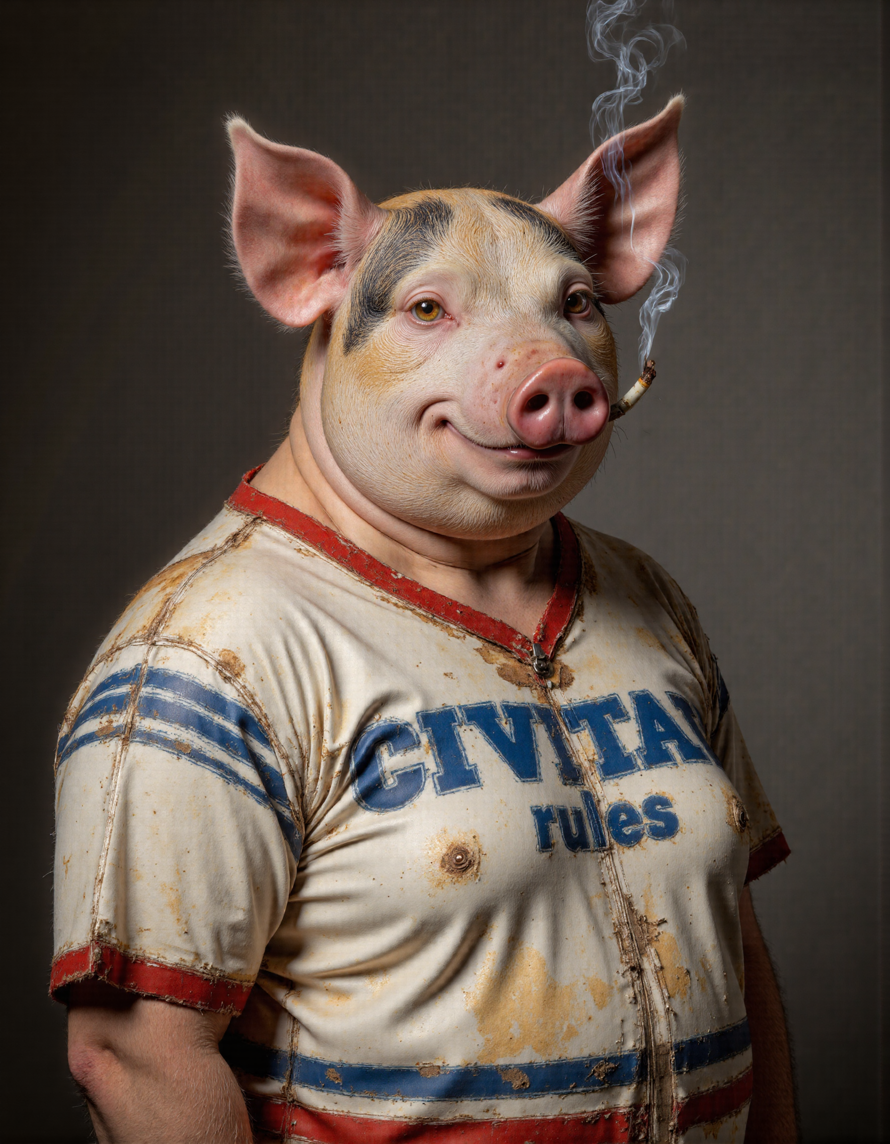 Frida Kahlo style full body shot of <lora:antr:1>, Rembrandt style, This is an ultra-realistic, highly detailed portrait of a pig rendered with meticulous attention to texture, lighting, and natural imperfections. The pig stands confidently against a smooth gradient grey background that transitions from a deep charcoal at the bottom to a soft silvery hue near the top, creating a neutral yet dynamic setting that highlights every intricate detail of the subject., The pigâs body is round and robust, covered in a short, bristly coat of fur that captures the essence of its rough lifestyle. Each strand of hair is individually visible under the soft, diffused lighting, with subtle variations in color ranging from pale pink to deeper shades of dusty rose and faint hints of beige along the edges where light catches the coarse hairs. The skin beneath the fur has a textured surface, showcasing fine wrinkles, tiny pores, and patches of uneven pigmentation that add an authentic tactile quality to its appearance. Around the snout, the skin is slightly tougher and more leathery, with prominent folds and creases that emphasize the animal's expressive nature., Its face features sharp, lifelike details: reddish-hued eyes gleam faintly as if reflecting some distant source of light, their wet surfaces catching highlights that make them appear almost alive. A mischievous smirk plays across its lips, which are slightly parted to reveal a glimpse of small, worn teeth. The nostrils flare subtly, one holding a cigarette precariously between its ridges. Thin wisps of smoke spiral upward lazily, curling into delicate tendrils before dissipating into the air. These ethereal trails of smoke catch the light beautifully, adding movement and depth to the otherwise still composition., The pig wears a dirty, well-worn white shirt with blue and red striped accents on the shoulders and a bold red collar. The fabric is frayed at the edges, stained with smudges of dirt and grease, suggesting years of hard use or manual labor. Faint sweat marks stain the armpits, while faint rips and loose threads give the garment a gritty, lived-in feel. Emblazoned across the chest in large, bold blue letters is the word "CIVITAI rules, " partially faded but still legible, further emphasizing the rugged aesthetic of the scene., Lighting plays a crucial role in this piece, with soft, even illumination casting gentle shadows that accentuate the pig's three-dimensional form. Subtle highlights run along the ridges of its ears, the tip of its snout, and the raised fibers of its fur, while deeper shadows pool within the folds of its skin and the creases of its clothing. This interplay of light and shadow creates a masterfully realistic rendering, drawing the viewerâs eye to the intricate textures and imperfections that define the pig's character., Every element of this portraitâfrom the carefully crafted texture of the pig's bristly coat to the delicate trails of smokeâhas been meticulously designed using advanced CGI techniques combined with photorealistic textures. The result is an unparalleled level of realism that blurs the line between digital art and photography, inviting viewers to linger over the smallest details and marvel at the lifelike portrayal of this unconventional yet compelling subject. . Baroque, chiaroscuro, realistic, emotional, "flat lightin. Whole outfit, clear, sharp, balanced . Surrealist, autobiographical, vibrant, symbolic, "Realist