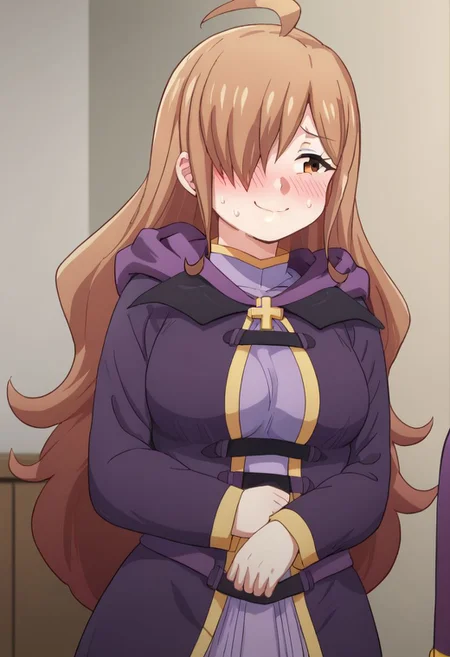 1girl, KiliuP, wiz, ahoge, brown eyes, light brown hair, hair over one eye, long hair,, cross, dress, hood, hood down, jewelry, latin cross, long dress, long sleeves, purple dress, robe, purple robe,
nervous, nervous smile, blushing, looking to the side, flustered, indoors, bedroom, score_9, score_8_up, score_7_up, score_6_up, score_5_up, score_4_up, BREAK source_anime, masterpiece