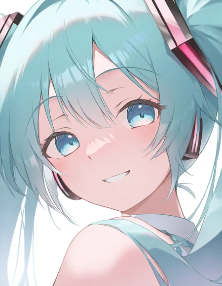 1girl,solo,looking at viewer,simple background,white background,smile,ichien,<lora:ichien-000026:1>,hatsune miku,, masterpiece, best quality, very aesthetic, absurdres,newest, incredibly absurdres,