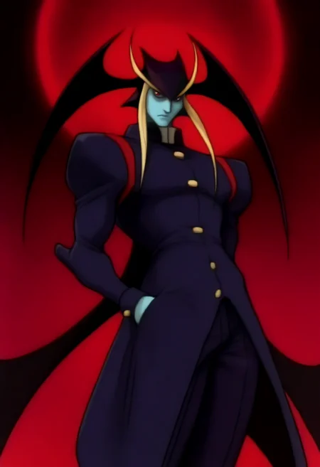 masterpiece, best quality, solo, looking at viewer, 1boy, <lora:Darkstalkers-Ova-illus_Fp:1>, 1990s \(style\), retro artstyle, <lora:Jedah-illus_Fp:1>, jedahv, blue skin, red eyes, head wings, wings, uniform, pants, long sleeves, sleeve cuffs, red background, hand in pocket, eclipse, cowboy shot, blonde hair, short hair, floating,