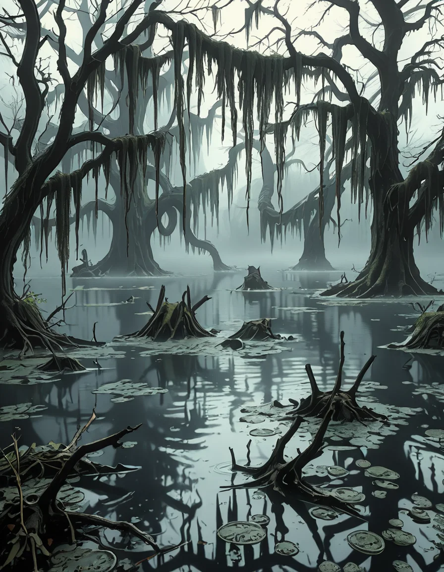 A dark and eerie swamp shrouded in thick mist, with twisted, gnarled trees rising from the murky water. Their bare branches reach out like skeletal fingers, draped in long, hanging moss. The water is still, reflecting the dim, overcast sky, with occasional ripples hinting at unseen movements beneath the surface. In the distance, decaying wooden structures, possibly remnants of an abandoned cabin or pier, are partially submerged and covered in moss. The air feels heavy and damp, filled with an eerie silence except for the occasional distant croak of a frog or the rustling of unseen creatures. Faint, ghostly lights hover above the water, casting an unnatural glow. The atmosphere is ominous and foreboding, evoking a sense of mystery and unease.
<lora:SDXLFaeTastic2400:0.4> <lora:extremely_detailed:0.4> extremely detailed,  <lora:0m1n0us_sw4mp_ill:1>,0m1n0us sw4mp, Masterpiece,best quality,hi res,8k,hi res,8k,award winning,(sharp focus, intricate, highly detailed),