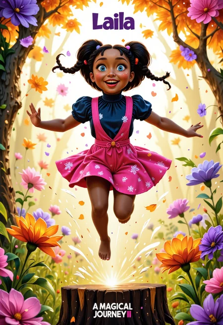 A whimsical, vibrant illustration of a young girl as the centerpiece, crafted in the style of a film poster. The girl is small and full of life, with glowing black skin and intricately braided, short black. Her big, expressive blue eyes shine with innocence and joy, framed by delicate freckles across her rosy cheeks and a little snub nose. With a lunge forward, she gracefully jumps over a tree stump towards the viewer and her cheerful facial expression radiates pure happiness and energy.  She wears a deep-colored, high-collared blouse beneath a bright pinkish pinafore dress adorned with subtle floral patterns, cinched at the waist with a small belt, adding a charming and vibrant touch to her look. The movement of her jump makes the fabric of her outfit flutter slightly, adding to the dynamic composition.  The background is a soft, glowing garden scene, blending abstract and surreal artistic elements. Blooming flowers in rich shades of orange, pink, and purple surround her, their shapes slightly exaggerated in a dreamlike, painterly fashion. The atmosphere is bathed in golden light, casting a warm, ethereal glow over the entire scene. The focus is on the girl's face and form, capturing every joyful detail with a high level of painterly quality. The composition feels fairytale-like, with playful, swirling elements in the background and a sense of movement and magic that draws the viewer into her whimsical world.  The overall style is artistic and detailed, combining soft, glowing colors with intricate textures to create a magical and captivating poster design.  The title “Laila” is prominently displayed in the upper part of the poster. The Text “A Magical Journey II” is in the lower part of the poster.