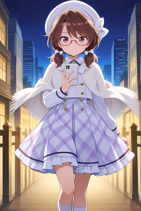 absurdres, highres, masterpiece, best quality, amazing quality, official anime artwork, screencap, anime screencap, outdoors, light smile, looking at viewer, dynamic pose, city, night, light particle, 
 <lora:Usami-Sumireko_Illustrious:1> usami sumireko, 1girl, solo, brown eyes, brown hair, short hair, low twintails, red-framed eyewear, semi-rimless eyewear,, usami sumireko \(white uniform of secrets and seals\), alternate costume, white bow hat, hair bow, white bow, white bowtie, white shirt, long sleeves, white shawl, frilled skirt, frills, white skirt, ribbon-trimmed skirt, plaid skirt, white footwear, white socks, holding smartphone, white phone,
