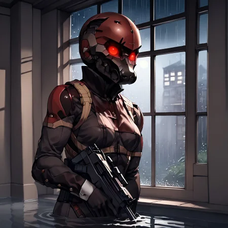 score_9, score_8_up, score_7_up, score_6_up, score_5_up, score_4_up, yoji_shinkawa, night time, detailed background, flooded interior, knee deep in water, window, storm outside window, rain outside window, BREAK
<lora:HavenTrooper:0.9> 1girl, helmet, mask, red eyes, empty eyes, (glowing eyes:0.8), medium breasts, athletic female, P90, submachine gun