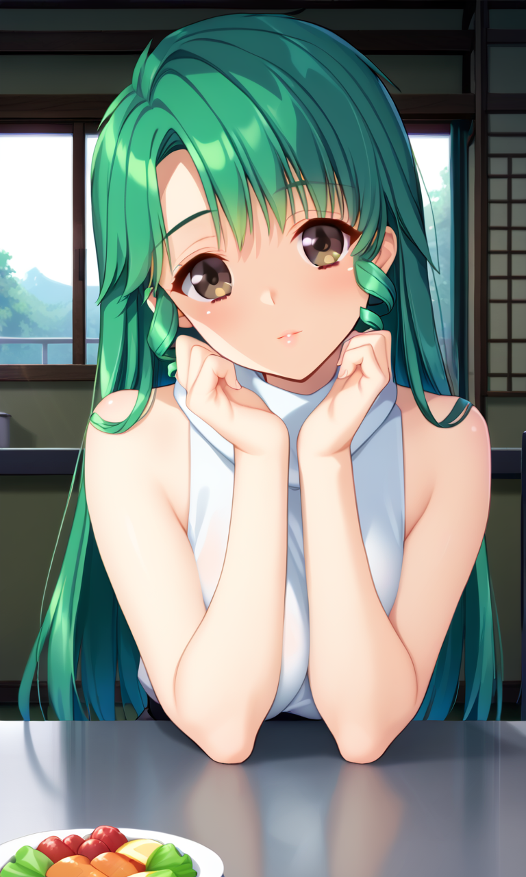 score_9, score_8_up, score_7_up, BREAK 1girl,chih,sitting,head rest,green hair, brown eyes,drill hair,twin drills, bare shoulders, bare arms,white sleeveless turtleneck,head tilt pov across table,blush,<lora:Chiharu-000013:1>
