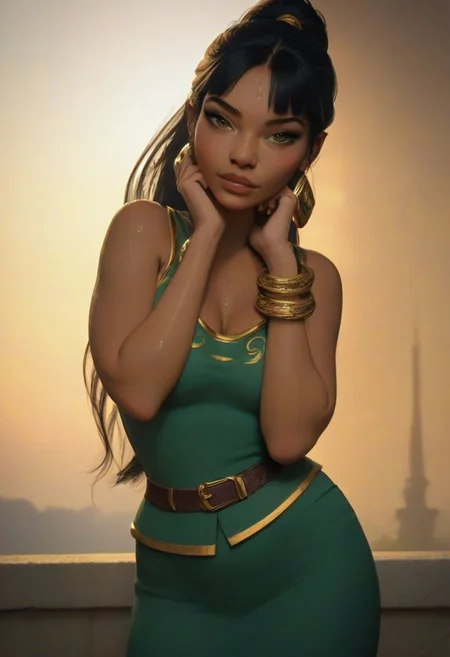 (score_9, score_8_up, score_7_up), score_6_up, best quality, masterpiece, extreme detail, perfect lighting, 4k, 2d, rating_explicit, nsfw, very detailed, best quality, highly detailed texture, depth of field, masterpiece, BREAK, 1girl, ChelXLP, chel, majestic,beautiful bright pupils, black hair, ((ponytail)),green earrings, cute face, (gorgeous face:1.3), (skin detail:1.3), (shadows:1.3), (sweat, steamy, oily, shiny:1.3), large breasts,
((( cleavage, bangle, green skirt, sleeveless dress,
))),
 fantasy, solo focus,epic, concept art, realistic, highly detailed, looking at viewerdark skin, looking at the viewer, detailed, intricate details, realistic,((( zoomed out shot))), tan skin,csr style,g4n1m3,Sculpted grace