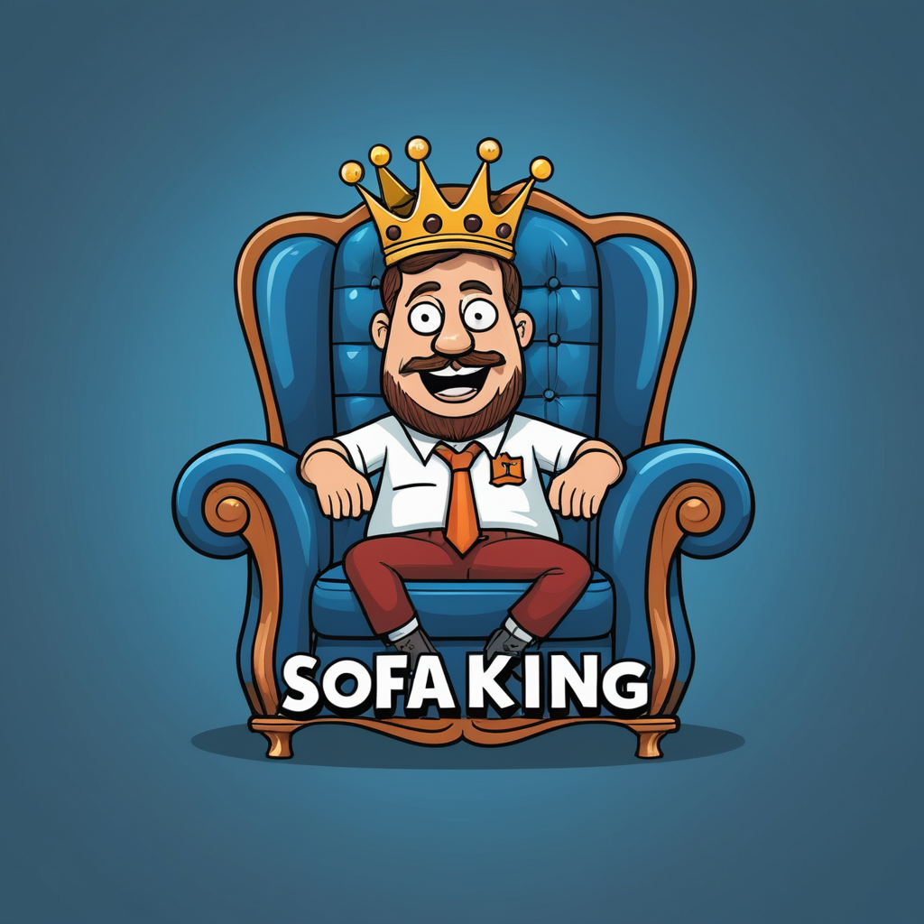 illustrated comedic logo for "SOFA KING"