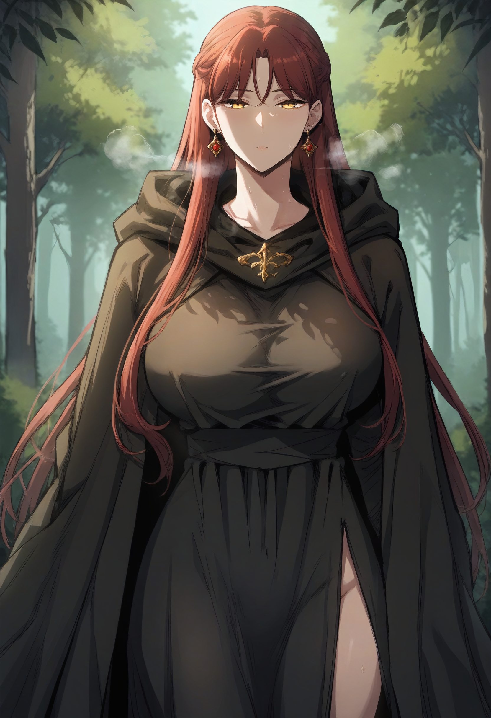 score_9, score_8_up, score_7_up, score_6_up, source_anime, rating_explicit, 1girl, solo, huge breasts, <lora:Leah Testerossa prefectPonyxl:0.9> long hair, red hair, yellow eyes, brown hair, french braid, earrings, hooded cloak, black cloak, black dress, expressionless, Narrow shoulders, heavy breathing, steaming body, forest, outdoors, looking at viewer