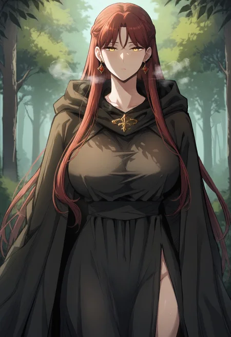 score_9, score_8_up, score_7_up, score_6_up, source_anime, rating_explicit, 1girl, solo, huge breasts, <lora:Leah Testerossa prefectPonyxl:0.9> long hair, red hair, yellow eyes, brown hair, french braid, earrings, hooded cloak, black cloak, black dress, expressionless, Narrow shoulders, heavy breathing, steaming body, forest, outdoors, looking at viewer