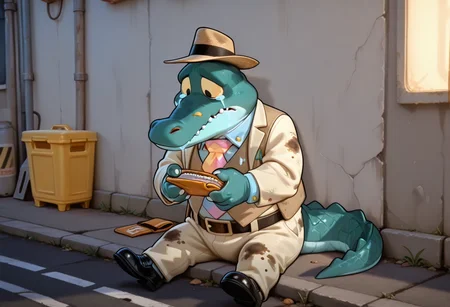 best quality, amazing quality, very aesthetic, absurdres, newest, high quality, masterpiece BREAK GranaG4tor, 1boy, alligator, furry male, scales:1.2, male focus, black eyes, (chubby:1.2), no humans, colorful tie, sharp teeth, short:1.2, fedora, formal, vest, dirty suit, black shoes, belt, black eyes, tail, claws, sitting on street corner, sad, crying,  broke, holding empty wallet <lora:Granada_Gator_TV_Commercial:.85>  <lora:NOOB_vp1_detailer_by_volnovik_v1:1>