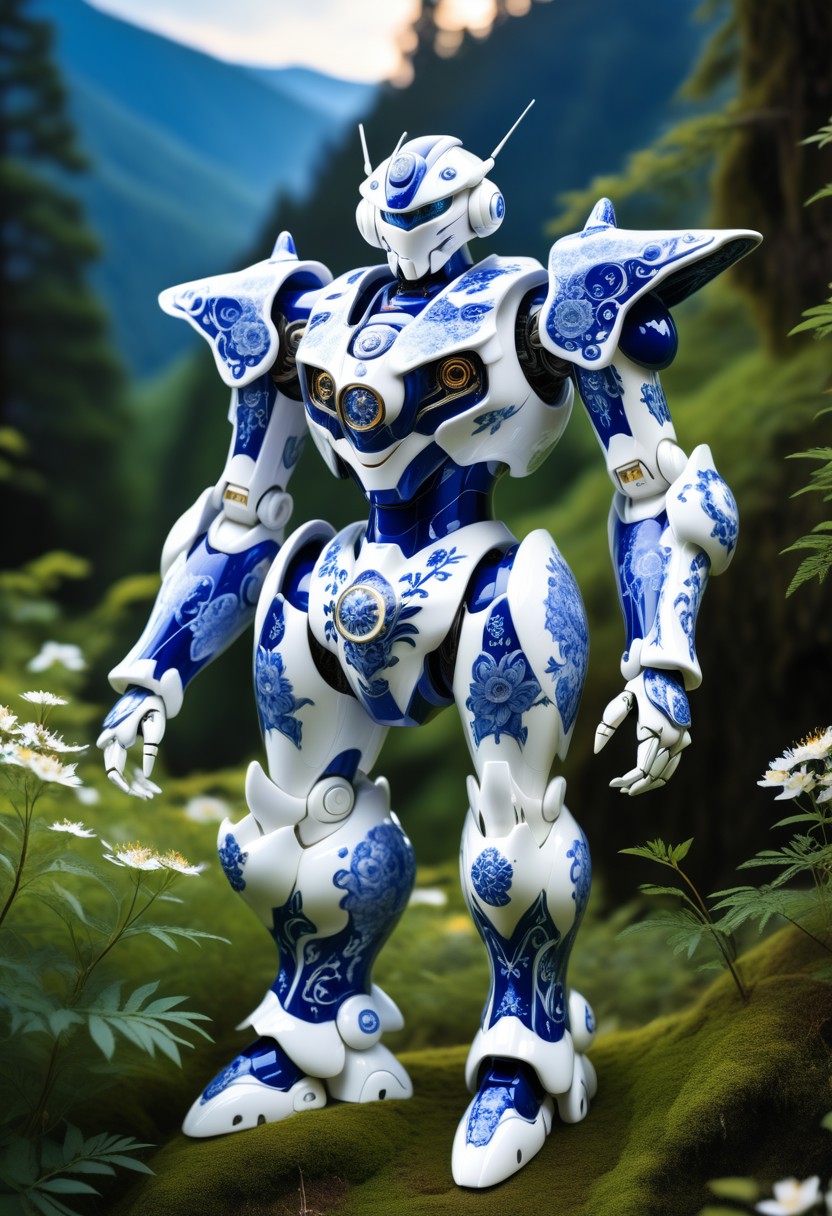 porcelain cyborg mecha in Bluepatternporcelain, detailed calligraphy ornament, 
mountain forest meadow background,