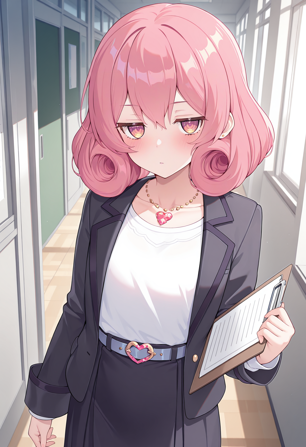 pcrneneka, curly hair, pink hair, pink eyes, black jacket, open jacket, white shirt, jewelry, necklace, collarbone, long sleeves, black skirt, belt, blush, school, indoors, holding clipboard, standing, looking at viewer, jitome, highres, best quality, masterpiece,
1girl, solo,
<lora:_neneka_pcr-elesico-ilxlA:1>