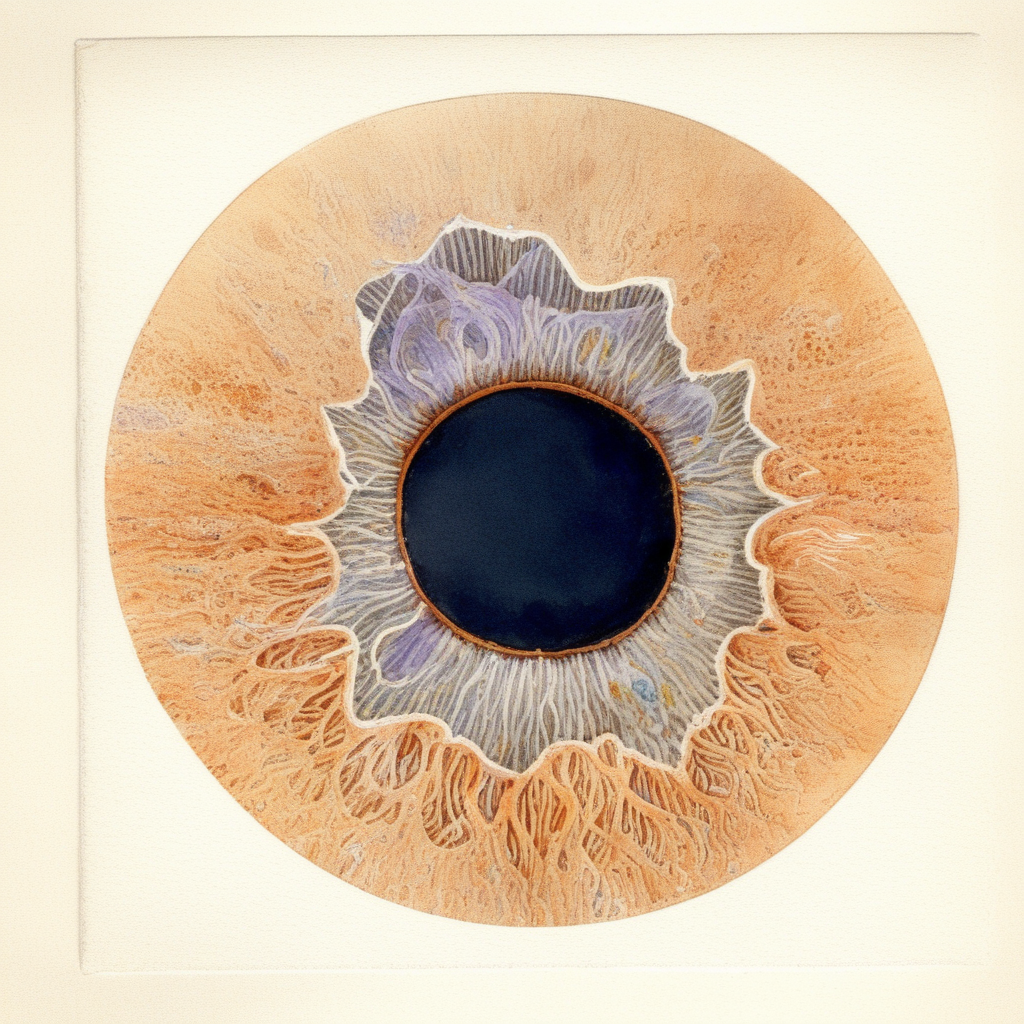 Anatomical illustration of a iris eye, style 1800, retina scientific illustration watercolour, Biological picture, close up