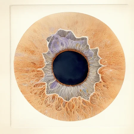 Anatomical illustration of a iris eye, style 1800, retina scientific illustration watercolour, Biological picture, close up