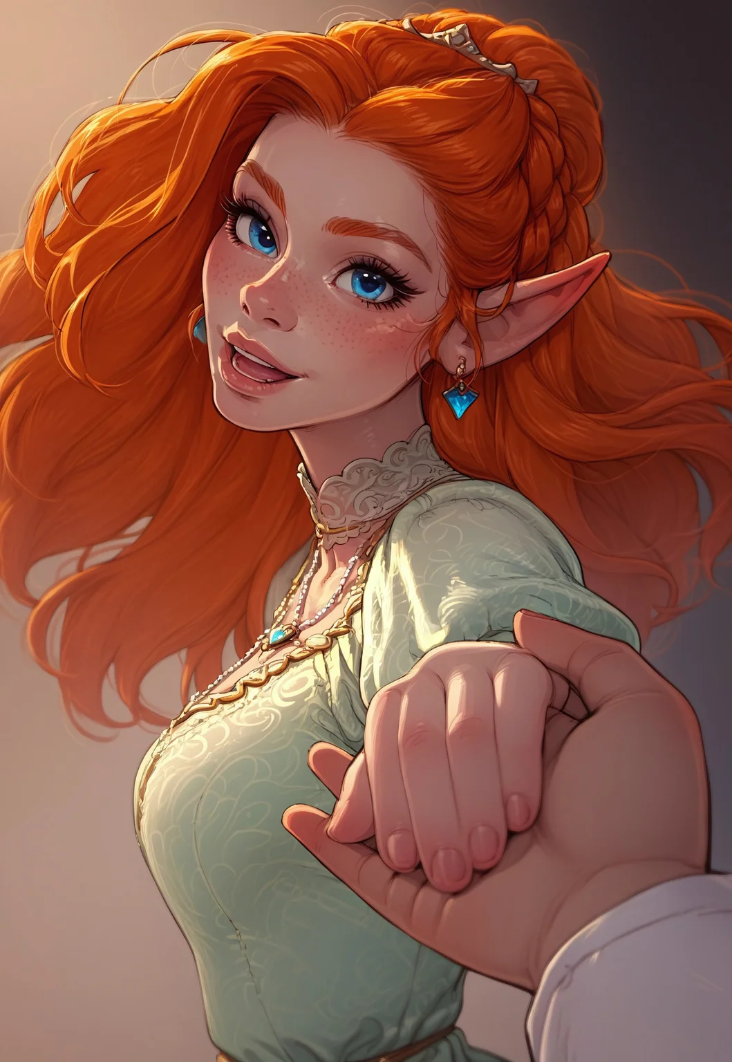 safe_pos, (score_9, score_8_up, score_7_up, score_6_up, score_5_up, score_4_up), source_cartoon, 1girl, sexy, elf mage, blue eyes, french braids, ginger hair, earrings, freckles, body freckles, detailed face, hourglass body, holding hands, solo focus, pov hands, out of frame, from side, open mouth, happy, looking at viewer heart, dress