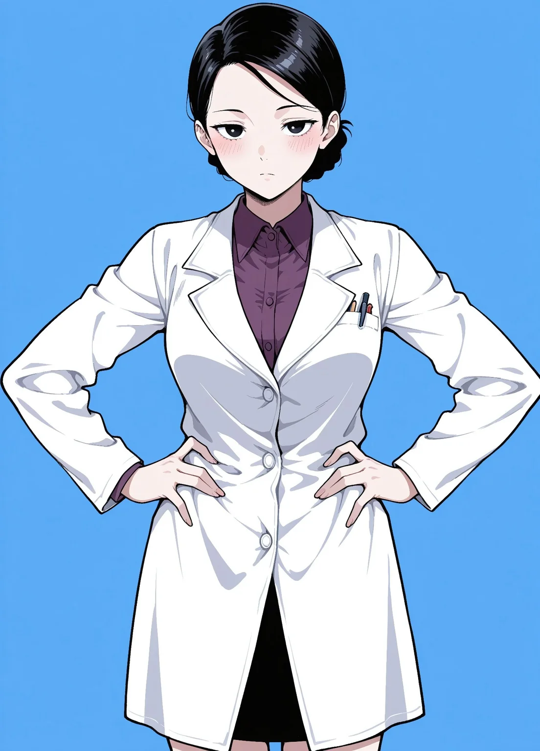 Unholy-aesthetic,masterpiece, best quality, amazing quality, absurdres,
gyo_yoshiyama, 1girl, solo, black hair, single hair bun, low hair bun, messy hair bun, black eyes, medium breasts,
white coat , lab coat, buttoned coat, long sleeves, purple shirt, collared shirt, black skirt, pencil skirt, white footwear, white high heels,
, emotionless, , standing, hands on the hips, cowboy shot, looking at viewer, standing, blush,simple background, blue background,