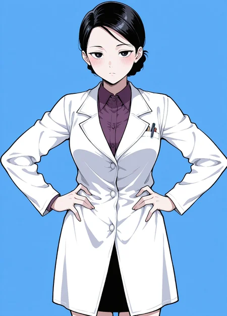 Unholy-aesthetic,masterpiece, best quality, amazing quality, absurdres,
gyo_yoshiyama, 1girl, solo, black hair, single hair bun, low hair bun, messy hair bun, black eyes, medium breasts,
white coat , lab coat, buttoned coat, long sleeves, purple shirt, collared shirt, black skirt, pencil skirt, white footwear, white high heels,
, emotionless, , standing, hands on the hips, cowboy shot, looking at viewer, standing, blush,simple background, blue background,