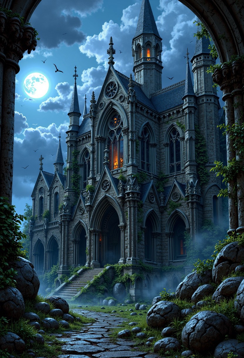 A breathtakingly detailed illustration of a Gothic-style, dilapidated church, set against a foreboding backdrop of a cloudy sky with a new moon, its soft, silvery light casting an eerie glow on the ancient stone walls, overgrown with ivy and moss, with intricate stone carvings and gargoyles adorning the structure, amidst a subtle mist that adds to the mystical ambiance, rendered in the finest, ultra-high resolution, with meticulous attention to texture, shading, and atmospheric lighting, evoking a sense of mystical wonder and haunting beauty.