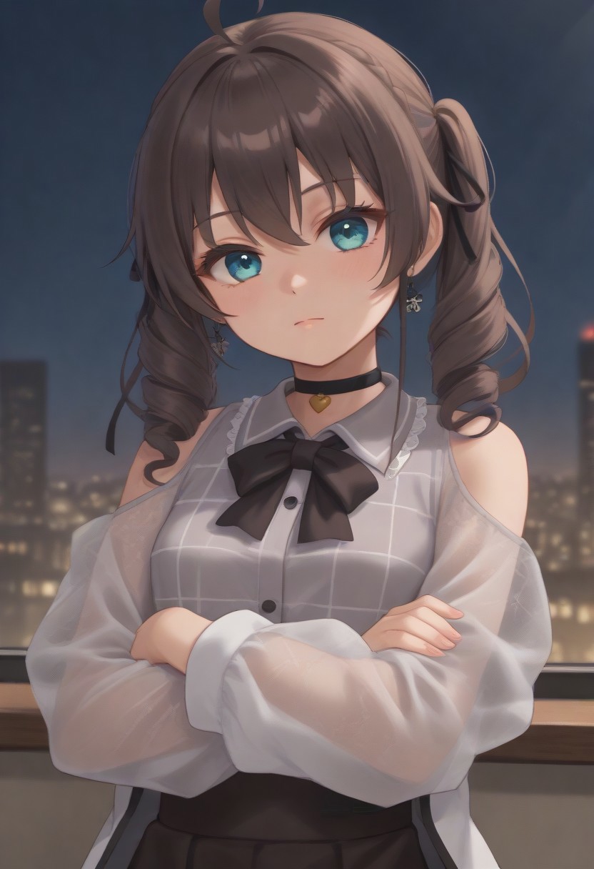 1girl, solo, solo focus, highres, absurdres, MatsuriMineGirl, brown hair, bangs, grey shirt, ahoge, twintails, black ribbon, black choker, hair between eyes, hair ribbon, brown skirt, shoulder cutout, collared shirt, flower earrings, black bowtie, blue eyes, white jacket, see-through sleeves, lace sleeves, plaid shirt, high-waist skirt, puffy short sleeves, medium hair, open jacket, small breasts, long sleeves, drill hair, braid,
looking at viewer, expressionless, closed mouth, head tilt, crossed arms,
indoor, cityscape, neon lights, window, dark, night, night sky, 
light particles, backlighting, shade, light rays, lens flare, shiny skin, fine fabric emphasis,