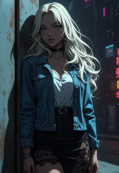 ultra realistic, high res, very aesthetic, masterpiece, absurdres, (high quality), detailed skin, detailed character design, ultra-high resolution, perfectly composed, clear, breathtaking attention to details, ultra detail, perfect hands, platinum blonde femme fatale, japenese woman, flowing hair, wearing denim jacket, white blouse, black lace skirt, leaning against a futuristic sci-fi streetcorner, outdoors, silhouetted, dark night, directional lighting, dutch angle, cowboy shot