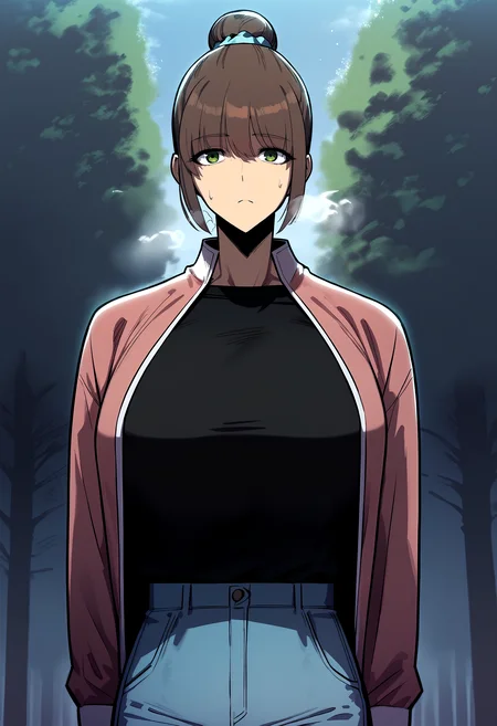 score_9, score_8_up, score_7_up, score_6_up, source_anime, rating_explicit, <lora:neg4all_bdsqlsz_V3.5:2.0>1girl, solo, huge breasts, <lora:Park Hanaponyxl:1> brown hair, green eyes, single hair bun, scrunchie, pink jacket, black shirt, blue pants, expressionless, Narrow shoulders, heavy breathing, steaming body, forest, outdoors, looking at viewer, close-up