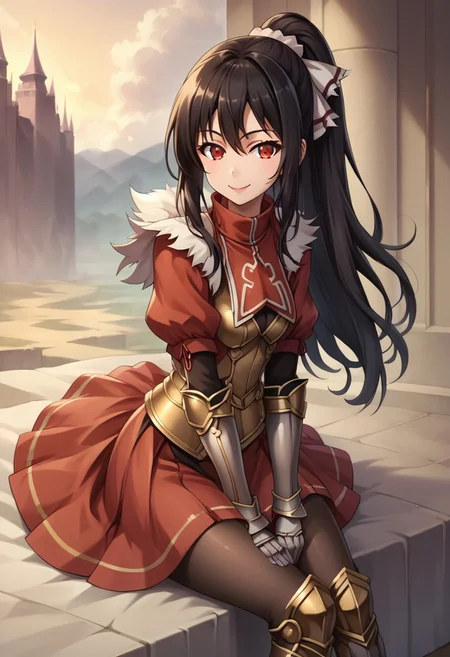 score_9, score_8_up, score_7_up, detailed, intricate details, chromatic aberration, realistic, veins source_anime, kuroinukaguya, , (best quality) , (highly detailed) ,((masterpiece)), ((best quality)), (ultra-detailed), ((extremely detailed)), (high resolution), 4K, (8K), best quality, (beautiful), (dynamic lighting), (super detailed skin), sharp focus, (1_girl, solo focus), score_9,score_8_up,score_7_up,anime coloring BREAK source_anime,anime, theresia (hortensia saga), Windy, Flowing hair,  Wind, Hair billowing in the Wind long hair, Very long hair, hair between eyes, black hair, red eyes, sidelocks,  , ponytail, hair ribbon, white ribbon, cuirras, armored boots, puffy sleeves, pantyhose, red capelet, fur collar, gauntlets, greaves, armored dress, turtleneck, , red skirt
Sitting, smiling, happy, grinning 
Face Focus, Upper Body detailed eyes、detailed face and detailed skin <lora:add-detail-xl:1.0>