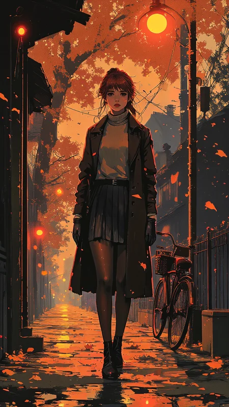 High-resolution anime-style illustration with impressionistic influences, soft, painterly brushstrokes blending warm hues, atmospheric depth, and glowing sunset lighting. A young woman stands on a quiet, tree-lined street in late autumn, golden leaves swirling around her as the crisp evening air sets in. Her auburn hair is styled into a messy high ponytail with wispy bangs, strands catching the warm light of a nearby streetlamp. Her amber eyes hold a distant, thoughtful gaze, lips slightly parted as if lost in memory. She wears a cozy, oversized knit sweater layered under a tailored long coat, paired with a pleated wool skirt and thigh-high stockings, her hands tucked into leather gloves as she leans slightly against a lamppost. The soft glow of the streetlights illuminates the cobblestone path beneath her, casting long shadows, while a vintage bicycle rests against an iron fence in the background. Distant city lights flicker through the trees, blending into the twilight sky, as a gentle breeze lifts the fallen leaves in a slow, rhythmic dance. Painterly rich oranges, deep browns, and muted purples, evoking a nostalgic, intimate, and poetic atmosphere <lora:RM_Illustrify_v1.0M:0.8> <lora:style_of_Alena_Aenami_FLUX_326_r1:1.3>