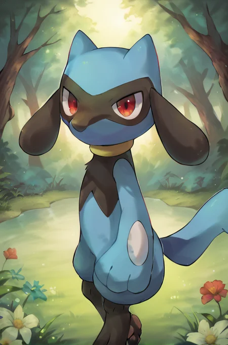 solo, 1boy, male, riolu, BREAK outdoors, forest, trees, grass, colorful, looking at viewer, front-side view, BREAK ((ultra-detailed)), ((best quality)), ((best quality)), ((beautiful eyes)), ((extremely detailed)), 4K, (8K), best quality, (beautiful), Master piece, highres, score_9, score_8_up, score_7_up, score_6_up, score_5_up, score_4_up, colorful, best quality, official art, highres, masterpiece, nai3, god light, detailed background, high quality background, very aesthetic, absurdres, <lora:Riolu_Pokemon_Series:1> <lora:detailed_backgrounds_v2:1>
