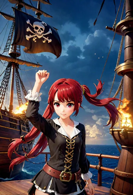 1girl,cute and beautiful face, pirate theme, full body, fighting stance,practical pirate attire, (long-sleeved pirate blouse),pirate hat, looking at viewer,(pirate ship),realistic lighting,masterpiece,photograph <lora:Ami_Arakawa:7>,happy, emotes feelings of adventure,red hair,twintails,smile, sword in hand,in battle