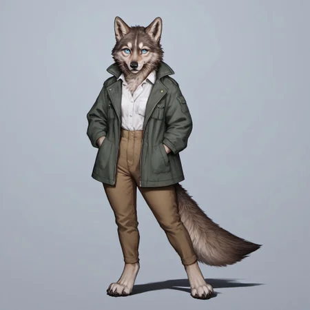 score_9, score_8_up, score_7_up, source_furry, detailed face, detailed eyes, incredible detail BREAK 1girl, solo, anthro, wide shot (furry female, wolf, light brown fur, monotone fur, light blue eyes,slightly wide hips, small breasts), black nose, whiskers, holding bow, wearing a hunter clothes(jacket, white shirt), shy posee, ear flop, solo, looking at viewer, drop shadow, full body