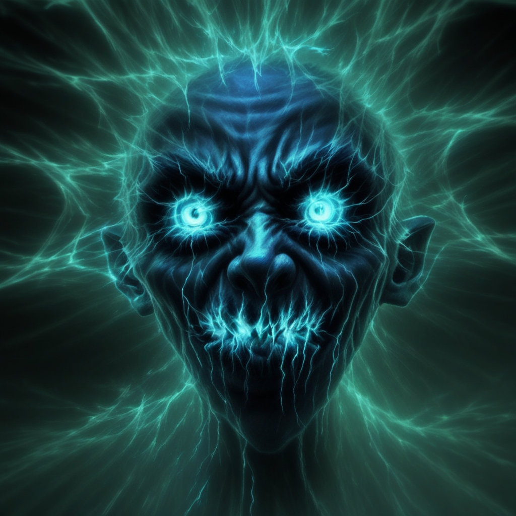 male focus, outdoors, extra eyes, glowing, energy, colored sclera, solo, fantasy, demonic, electricity, creepy, demon