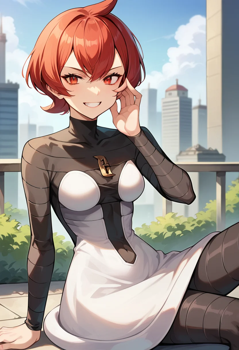 score_9, score_8_up, score_7_up, source_anime, masterpiece, 1girl, red hair, ctianm4rs, bodysuit, white short dress, outdoors, city, depth of field, looking at viewer, sitting, hand on own face, evil grin, partially shaded face, <lora:Mars_pokemon_pony_ct_version2:1>
