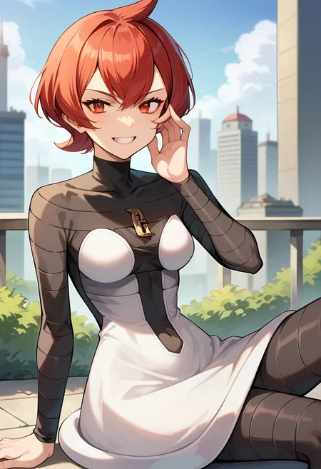score_9, score_8_up, score_7_up, source_anime, masterpiece, 1girl, red hair, ctianm4rs, bodysuit, white short dress, outdoors, city, depth of field, looking at viewer, sitting, hand on own face, evil grin, partially shaded face, <lora:Mars_pokemon_pony_ct_version2:1>