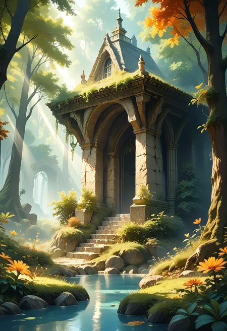 masterpiece, best quality, highly detailed, score_9, score_8_up, score_7_up, score_6_up, source_anime, high resolution, 8k, very aesthetic, absurdres, dim lighting, gentle shadows,
arkn, detailed drawing, forest, autumn, white stone ruins, flowers, beautiful blue pond, grass, early morning, sun rays, dynamic light,
<lora:DNDFG:0.2>,
<lora:backgroundon:1>