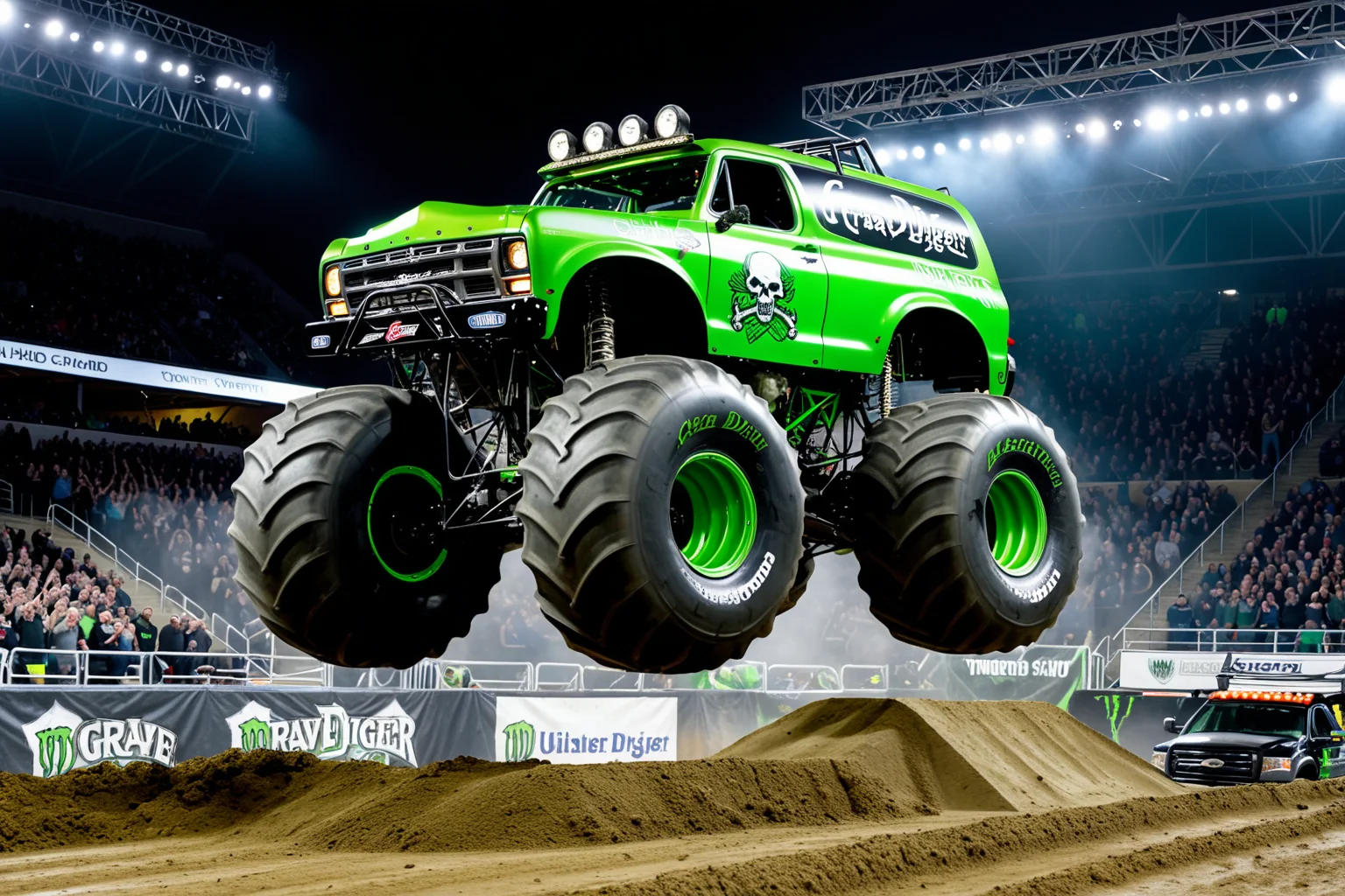 (The Grave Digger Monster Truck), black paintwork, green decals, Jumping high above cars, Arena show, huge crowds in the stands, competition, arena show lighting, view from stands, UHD, painstaking attention to details
