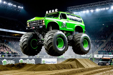 (The Grave Digger Monster Truck), black paintwork, green decals, Jumping high above cars, Arena show, huge crowds in the stands, competition, arena show lighting, view from stands, UHD, painstaking attention to details