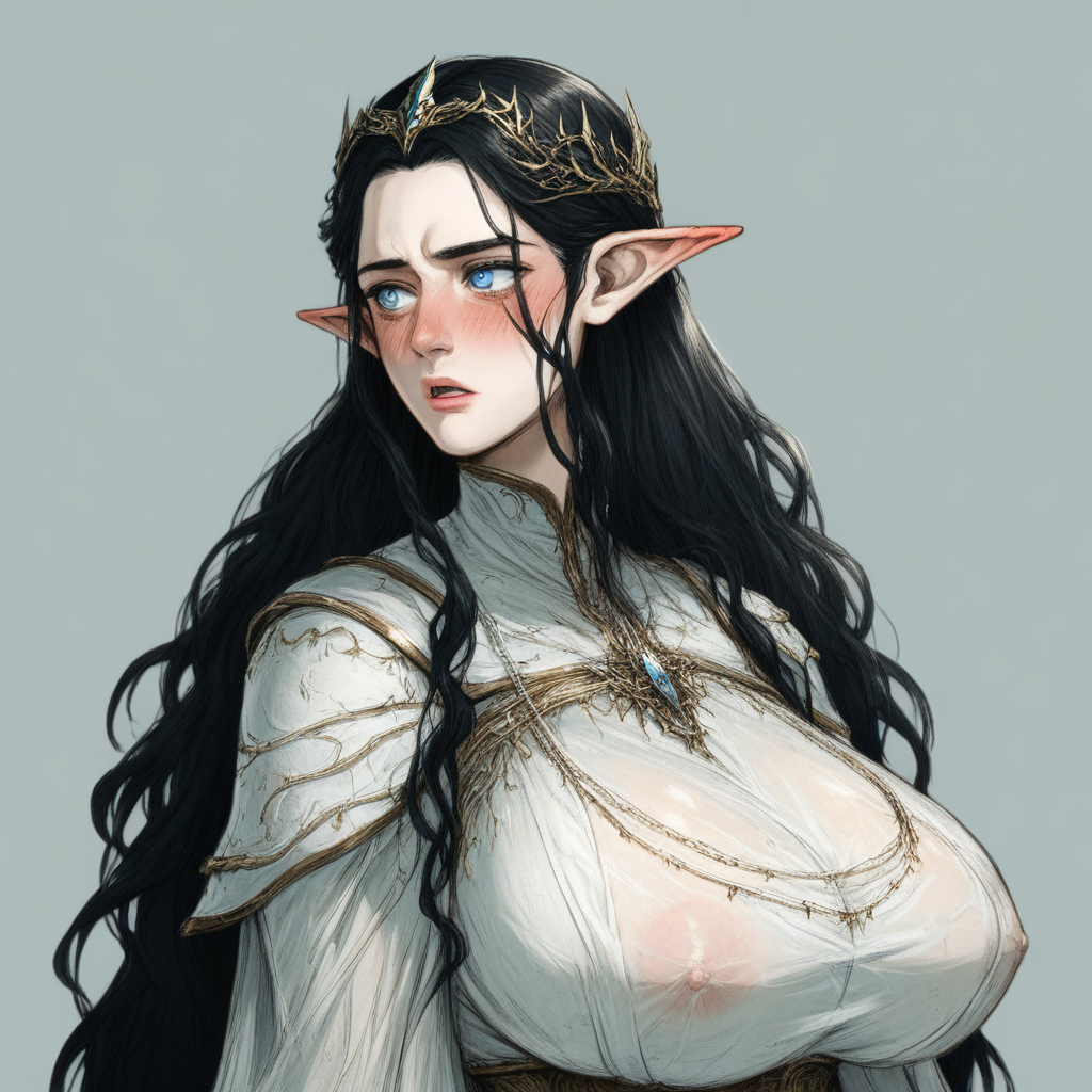 score_9, score_8_up, score_8, (source_anime), source_Lord_of_the_rings, Arwen_Undómiel,tolkien's_legendarium, BREAK, Arwen\(Lord_of_the_Rings\),  Arwen, elf, pointy ears, blue eyes, black hair, long hair, sidelocks, 1woman, source_anime, 2.5D, huge breasts, tiny waist, big ass, blush, perfect face, see-through, white dress, uncensored, horny, blushing, panting, simple background