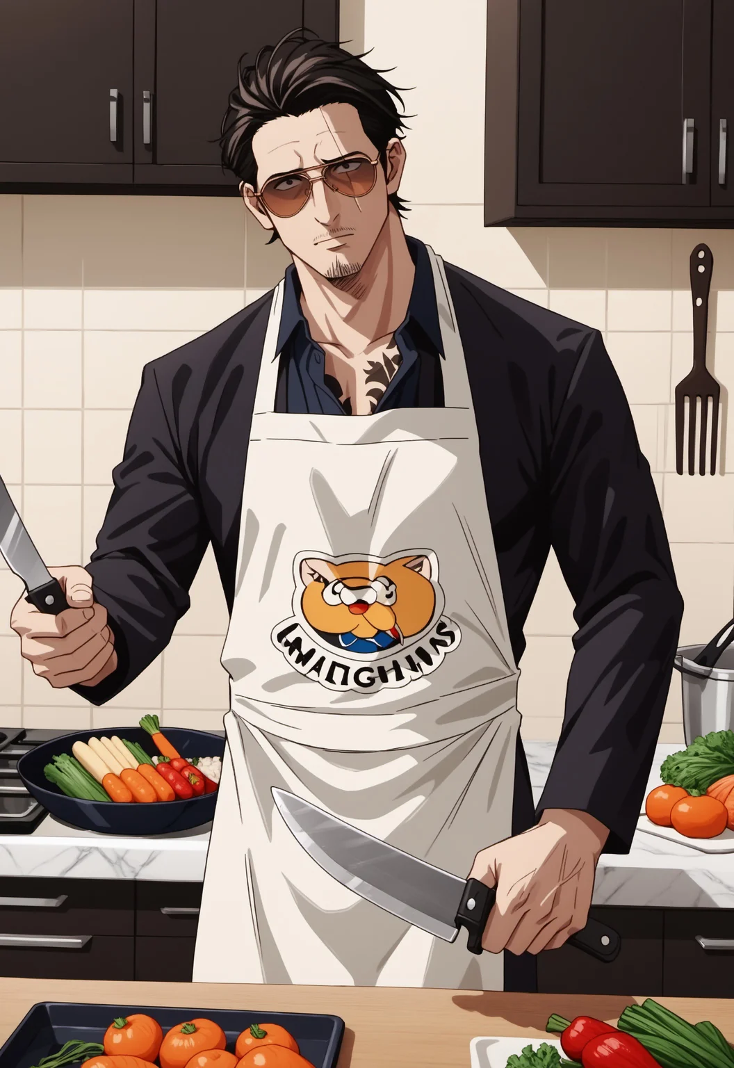 safe_pos, safe_pos, score_9, score_8_up, rating_nsfw, ultra hd, absurdres, best quality, masterpiece, masculine, solo, 1boy, male focus, best anatomy, best eyes, best hands, sexiest man alive, erotic, gay porn, hand with five fingers, mature male, anime screencap
HHTatsu, facial hair, black hair, apron, sunglasses, hair slicked back, scar, tattoo, stubble, kitchen, black shirt, eyes, black pupils, chopping vegetables, dynamic view, looking at viewer, motion effects, cutting, knife, vegetables, cutting board, chopping board, kitchen counter, professional chef