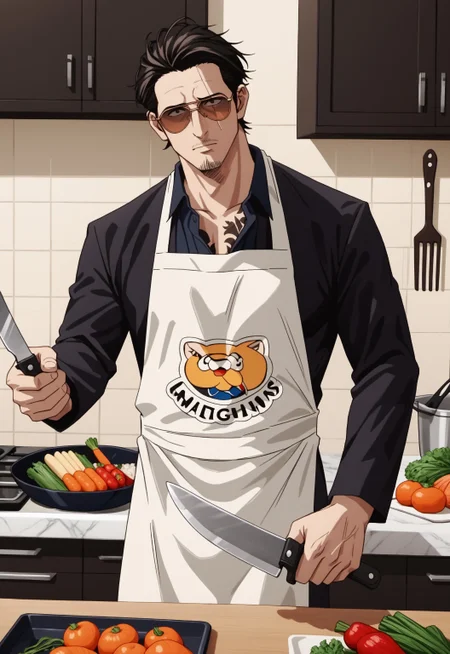 safe_pos, safe_pos, score_9, score_8_up, rating_nsfw, ultra hd, absurdres, best quality, masterpiece, masculine, solo, 1boy, male focus, best anatomy, best eyes, best hands, sexiest man alive, erotic, gay porn, hand with five fingers, mature male, anime screencap
HHTatsu, facial hair, black hair, apron, sunglasses, hair slicked back, scar, tattoo, stubble, kitchen, black shirt, eyes, black pupils, chopping vegetables, dynamic view, looking at viewer, motion effects, cutting, knife, vegetables, cutting board, chopping board, kitchen counter, professional chef