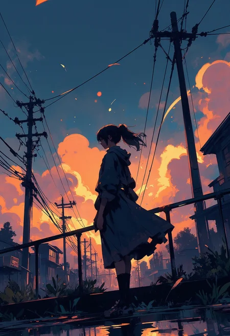 A whimsical children’s storybook illustration A moody anime-style scene at twilight, featuring the silhouette of a girl with a ponytail standing quietly by a railing. She is surrounded by power lines and tall utility poles, with vibrant orange and gold sunset clouds glowing softly behind her against the deepening blue sky. The atmosphere is melancholic and cinematic, evoking a sense of solitude and introspection. Painted lighting, soft brush textures, rich dusk colors, quiet suburban backdrop, Mh1$AgThS2