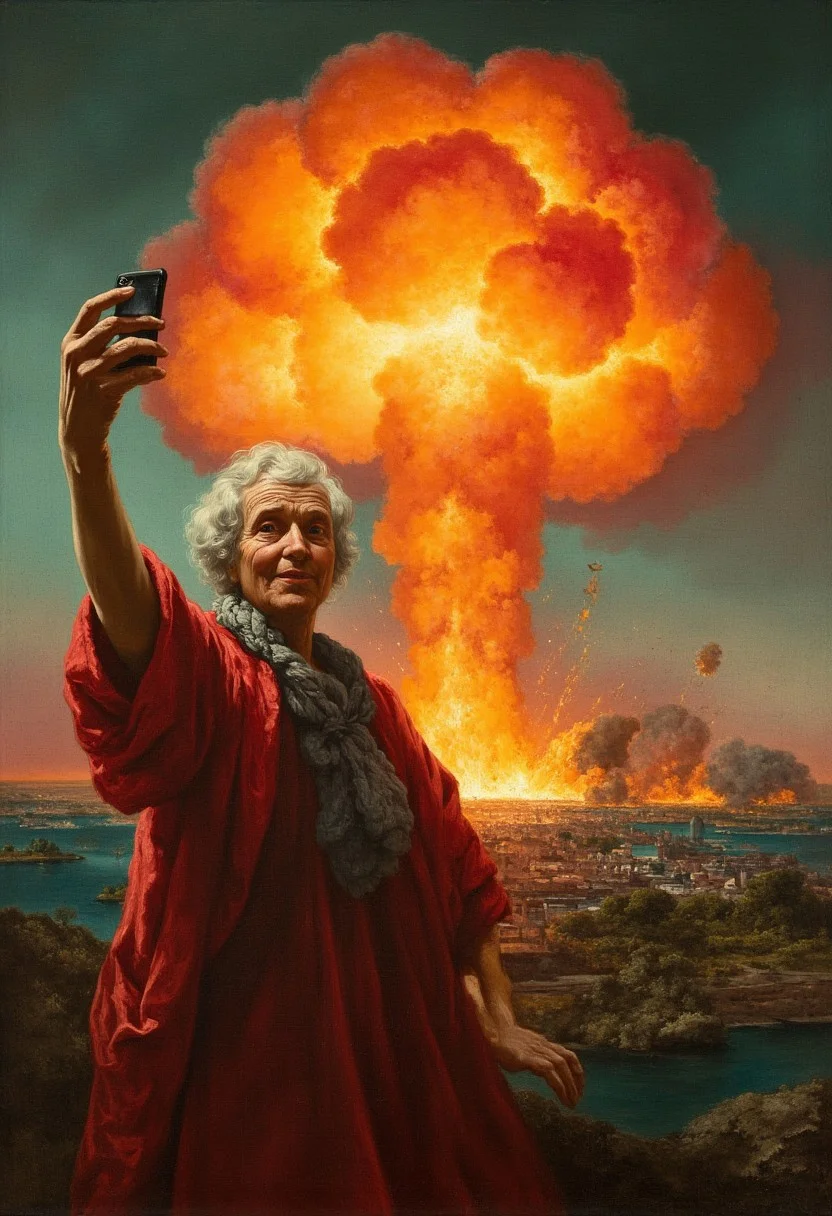 nuclear bomb explosion in the background,sporty granny taking a selfie on showing thumbs up, fish-eye effect, explosive fire