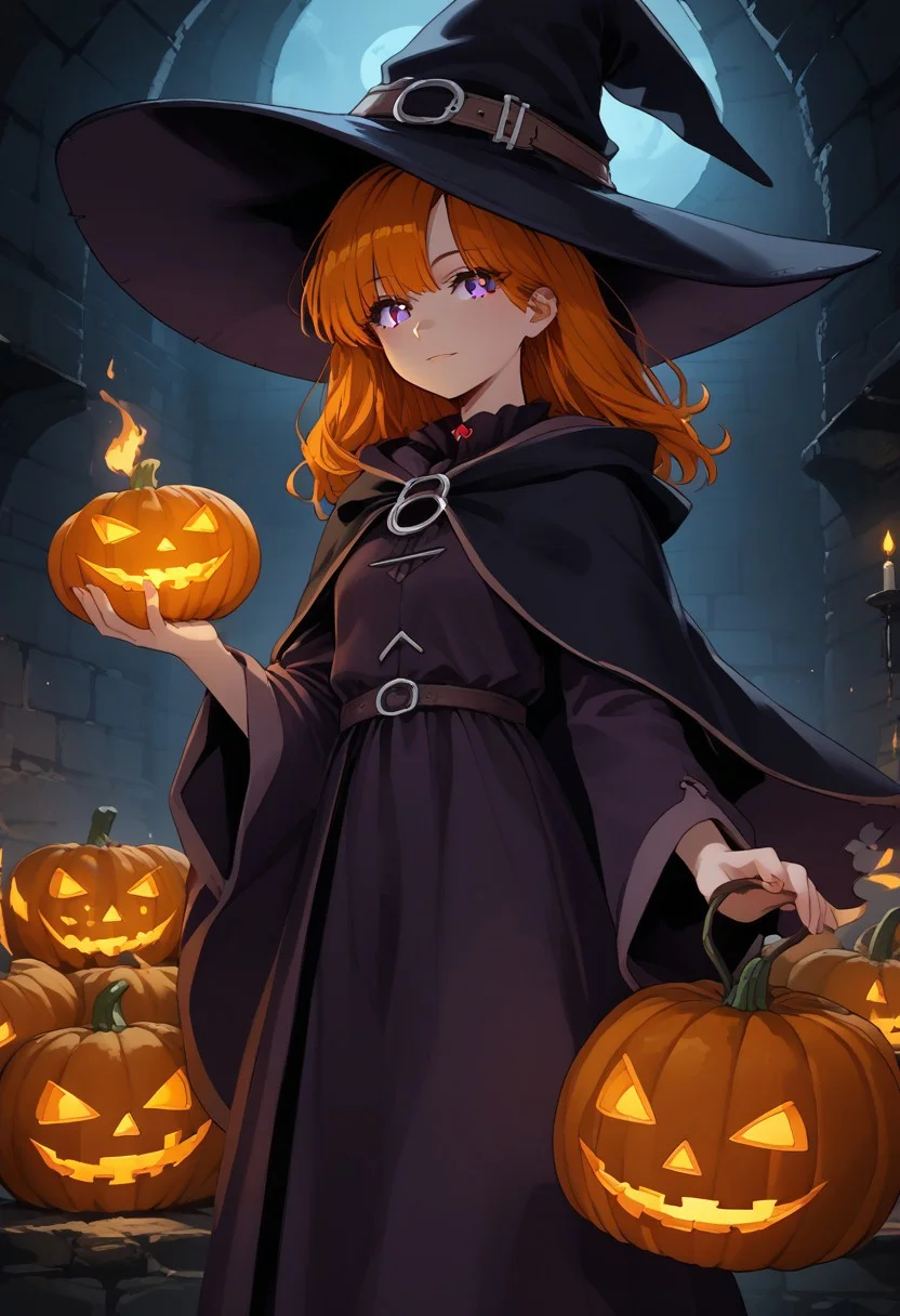 <lora:ratatatat74_style_pdxl_goofy:1>1girl, score_7_up, upscale 2x, (anime-style witch holding glowing pumpkins in her hands. She is wearing an oversized wizard hat and has stylish hair with beautiful eyes. The background is dungeon like cellar with fire-like pumkins floating around her:1.2) (Pumpkin spell:1.3)