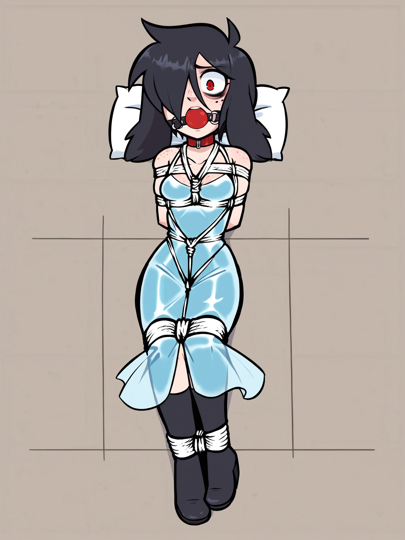 score_9, score_8_up, score_7_up, score_6_up, 1girl, solo, high quality, absurdres, detailed, fine fabric emphasis,
<lora:WossaRem v2:0.9>, wossarem, cyan see-through dress, frilled kneehighs, work boots, <lora:Furfrou_v2:0.8> furfrou, (dog ears, dog tail, dog girl), black fur, pale skin, red eyes, jitome, bags under eyes, small breasts, freckles, hair over one eye, body freckles, half-closed eyes, tall female, skinny, very tall, lanky, bondage, rope, bound, arms behind back, bound arms, bound legs, restrained, bdsm, shibari over clothes, on back, expressionless, ball gag,